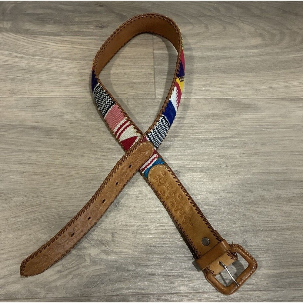 Vtg Colorful Guatemalan Woven Embroidered Tooled Leather Belt 28 Boho Western